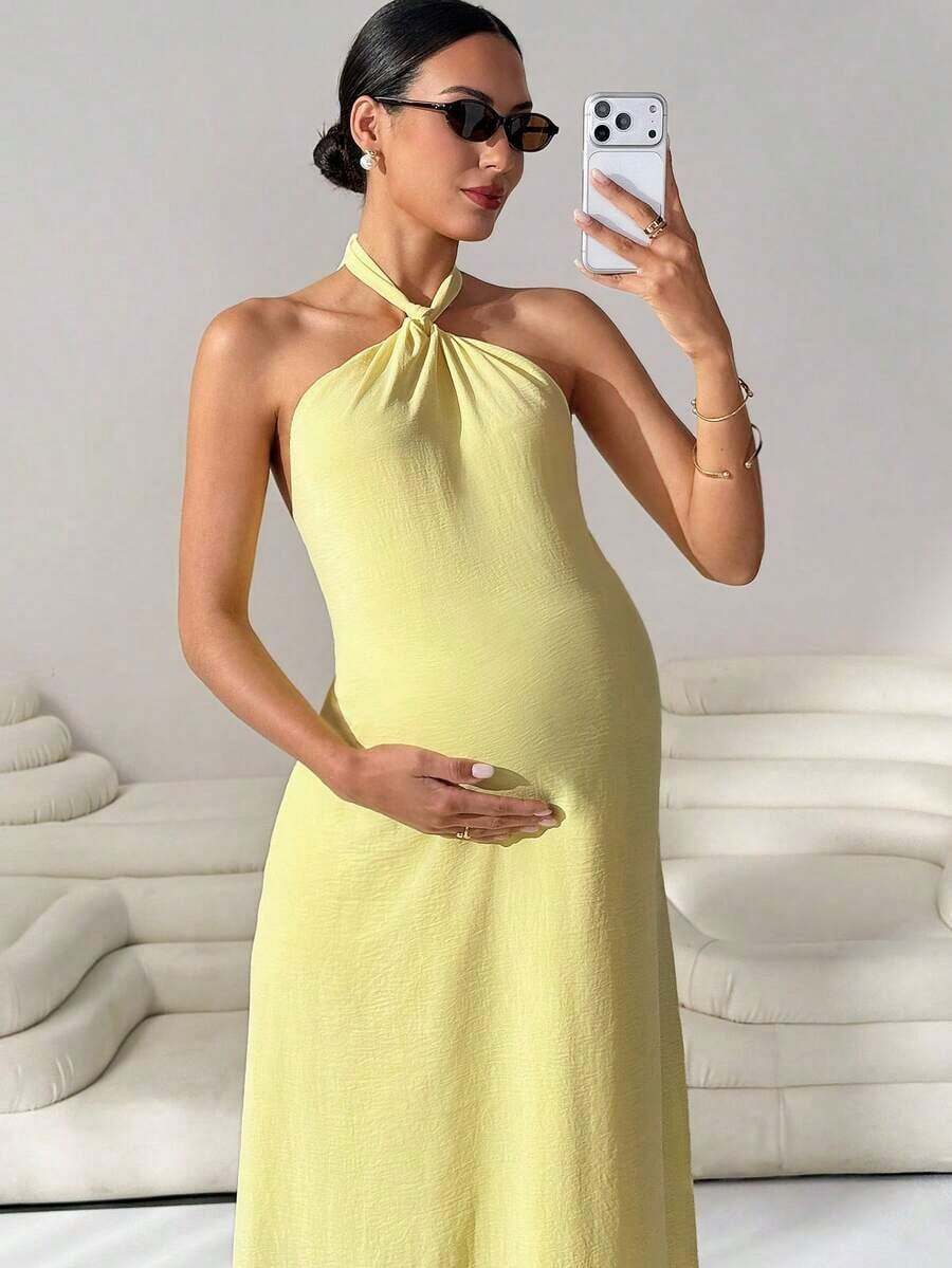 MaterniWear Vestido de maternidad de unicolor con escote halter, espalda descubierta, con lazo y recortes elegante para vacaciones - Amarillo - Ver 1