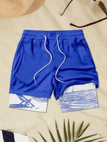 加大码男士沙滩度假内衬印花双层短裤 - 藍色 - 查看 2