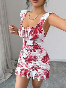 Vestido con volantes en el bajo y hombros descubiertos con estampado de lunares vintage, elegante y sexy vestido de verano con estampado floral pequeño y espalda descubierta al estilo francés - Rojo 2 - Ver 4