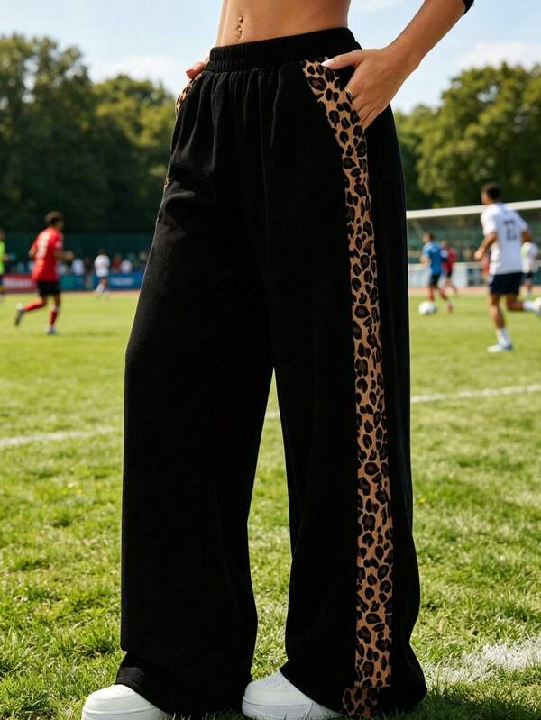New Women's Leopard Print Patchwork Casual Wide Leg Pants, Suitable For Leisure, Sports, Running, Cycling, Fashionable & Elegant Ladies Sports Trousers