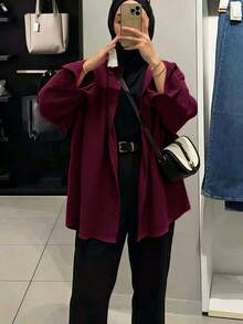 女士休闲纯色长袖衬衫，优雅大方，适合春、秋、冬季穿着。 - 酒紅色 - 查看 7