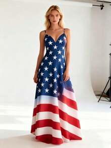 One Women's Bright And Vibrant Knitted Fabric Soft And Stylish Long V-Neck Sleeveless Spaghetti Strap Dress With Red, Blue And White Gradient Flag Color Scheme, Suitable For Daily Outings In Summer, A Nice Gift For Friend - 彩色 - 查看 1
