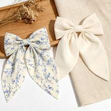 2pcs Beige Solid Color Chiffon Floral Bow Ribbon Hair Clips, Casual Bohemian Palace Style Party Cute Street Elegant, Made Of Polyester, Suitable For All Seasons, Claw Clips - Beige - View 10