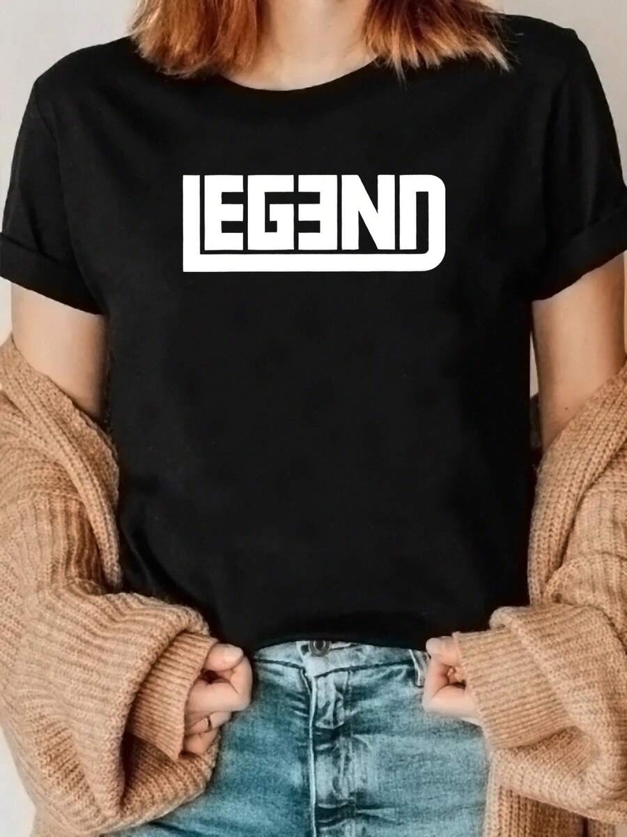 Women's LEGEND Print T-Shirt - Soft And Breathable Polyester Blend Short Sleeve Lettering Crew Neck Casual Summer Tee Suitable For Outdoor And Casual Wear - Machine Washable All Season - Black - View 1