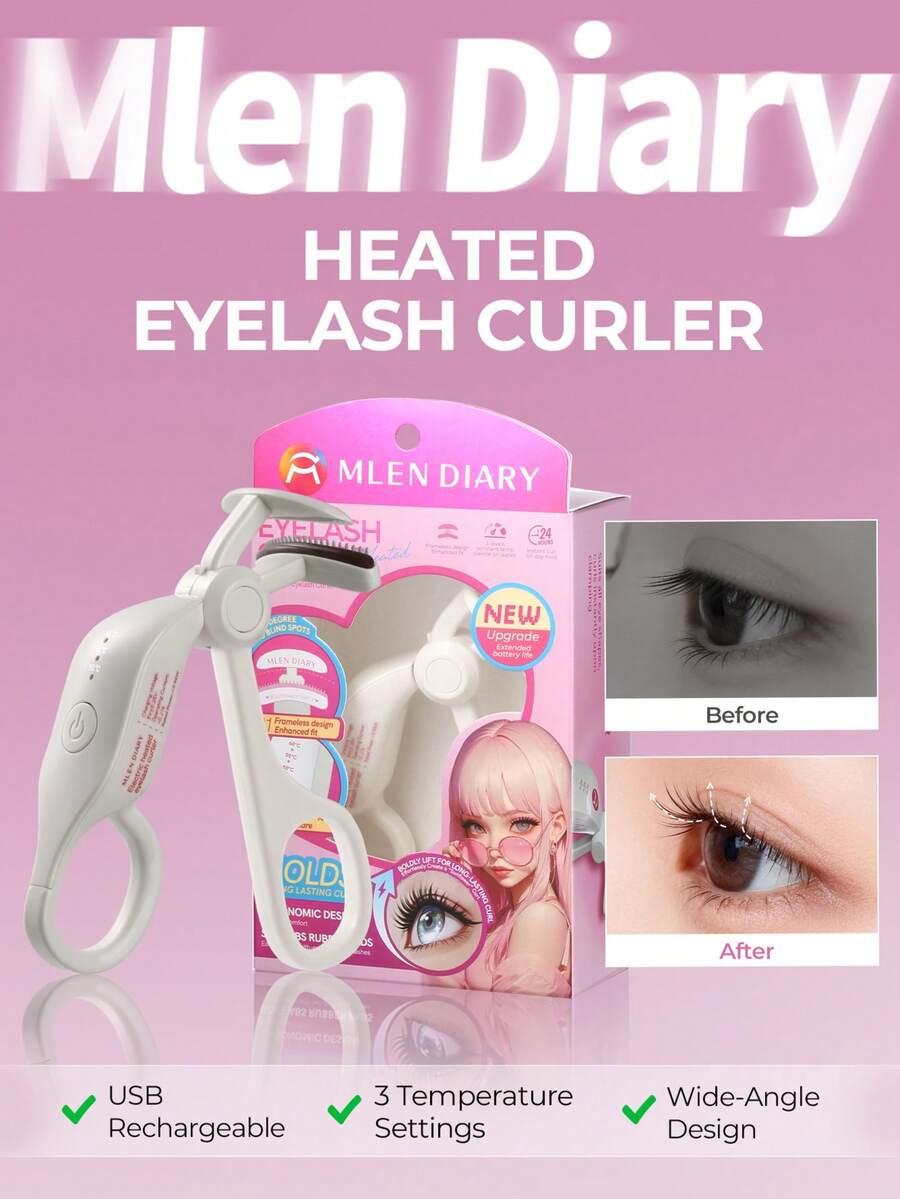 MLEN DIARY 加熱睫毛捲翹器，10秒快速加熱，3段溫度模式，24小時持久捲翹，USB-C便攜防燙自然捲翹 - 白色 - 查看 1
