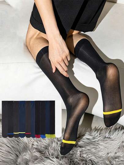 1/5/7/11 Pairs Men's Silk Stockings, Thin Summer Socks, Men's Long Socks, Super Thin Breathable Business Black Long Socks