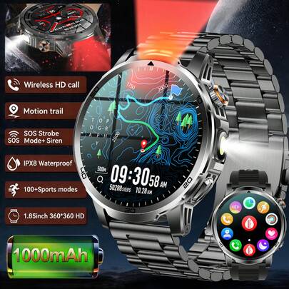 KENPANG Red & White Dual LED Flashlight Smart Watch, 1000mAh Big Battery, Bluetooth Call & Message Notifications, IPX8 Waterproof, Fitness Tracker For Men, 100+ Sports Modes, Health Monitoring, Smart Reminders, Raise To Wake, Voice Assistant, Weather Forecast, Find Phone, Pedometer, Alarm, Password Lock, Compatible With Android IOS