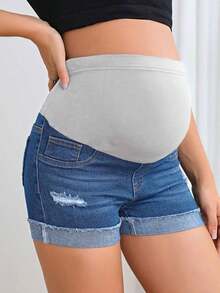 Maternidad Shorts en mezclilla de cintura ajustable desgarro bajo de doblez - Azul lavado medio 2 - Ver 5