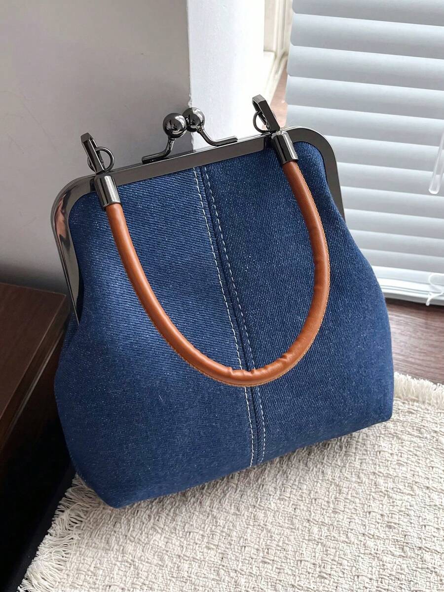 Tas Selempang Kulit PU untuk Wanita, Tas Tangan dengan Gesper Bergaya Vintage, Tali Bahu yang Dapat Diatur, Tas Bahu Tunggal Ringan Warna Polos dengan Lapisan Poliester - Biru - View 1