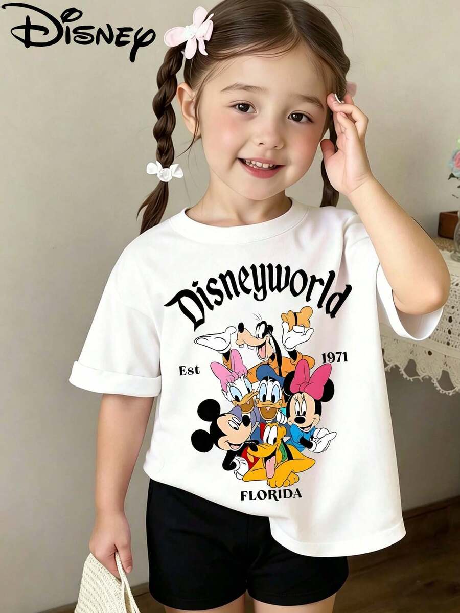 Disney Licensed Street Style Disneyworld "Florida 1971" Mickey Squad Art Print Kids' T-Shirt, Bold Retro Cartoon Graphic Tee, Perfect For Everyday Wear, Theme Park Trips, Themed Outings And Urban Street Style, Shipped From Local Warehouse - 白色 - 查看 1