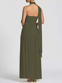 Vestido elegante y sexy de unicolor con abertura para fiesta, vacaciones y boda, color verde oscuro para primavera - Verde Oscuro - Ver 5
