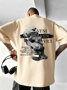 Short-Sleeved T-Shirt With Round Neck And Abstract Portrait Print Of Men, For Summer - Black - View 3