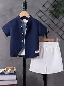 2pcs/Set Boys' Casual Solid Color Stamp Print Short Sleeve Button-Up Shirt + Shorts, Suitable For Summer Party, School, Photography And Outdoor Wear - Navy Blue - View 1
