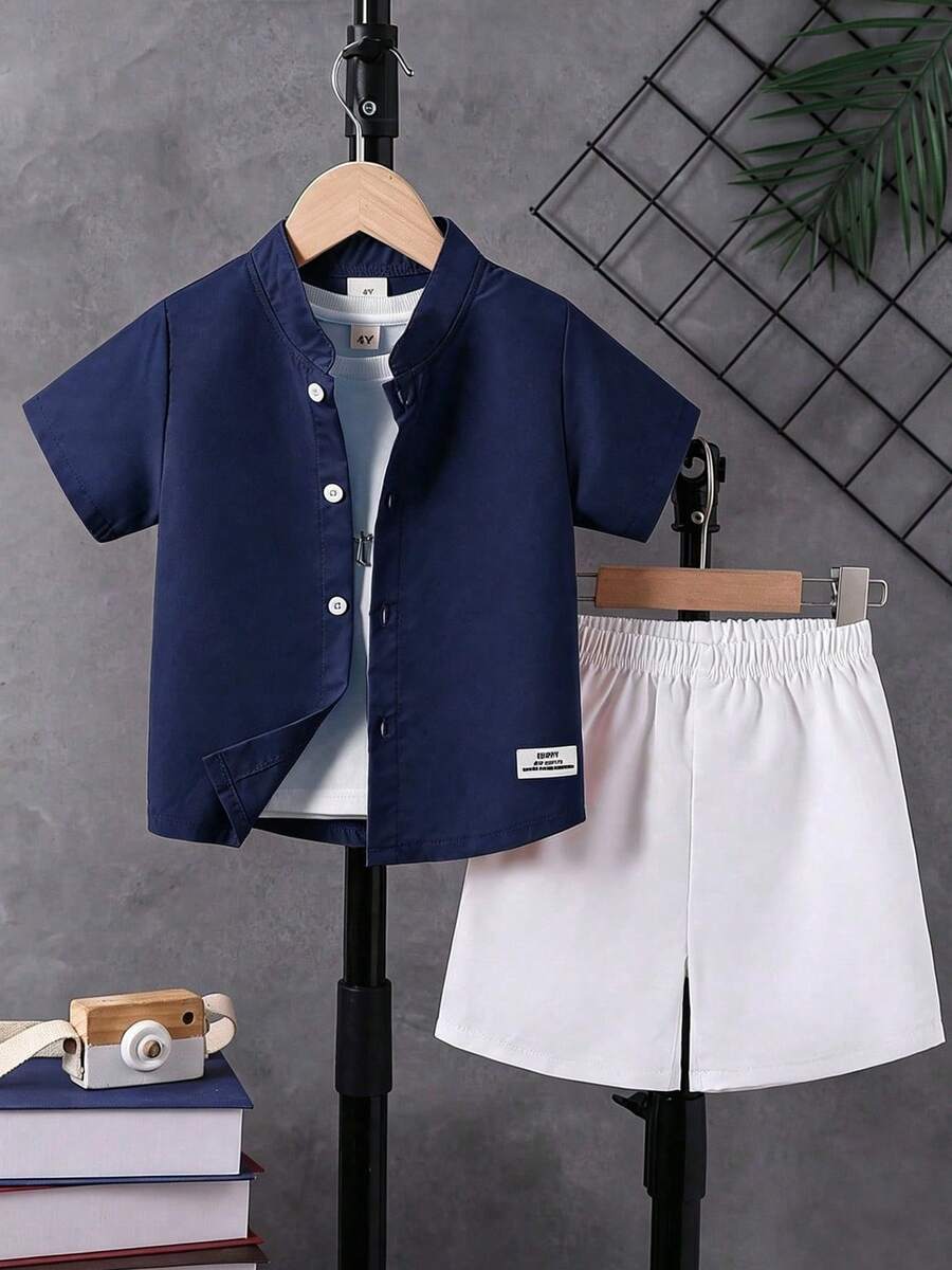 2pcs/Set Boys' Casual Solid Color Stamp Print Short Sleeve Button-Up Shirt + Shorts, Suitable For Summer Party, School, Photography And Outdoor Wear - Navy Blue - View 1