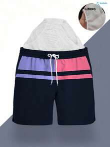 Men's Color-Block Swim Trunks (Red, White, And Navy Stripes; With Built-In Brief Liner) - Pink - View 8