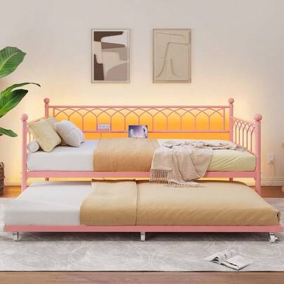 Sofá cama individual con cama nido, sofá cama con estación de carga y luces LED, estructura de sofá cama de metal con cama nido extraíble para sala de estar, dormitorio o apartamento.