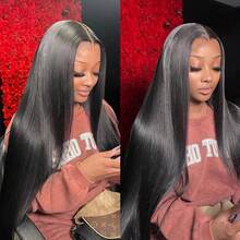 42 Inch Straight HD Transparent Lace Front Wigs Human Hair 13x4 For Women Glueless Brazilian Virgin Frontal Hairline 250% Density Pre Plucked With Baby Hair - Natural Black - Xem 2