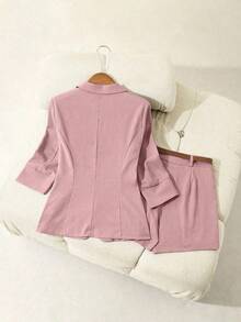 Conjunto de dos piezas para mujer, rosa palo, blazer y shorts con cinturón.Tejido texturizado transpirable y cómodo, ideal para primavera-verano, trabajo y looks elegantes casuales. - Blanco - Ver 7