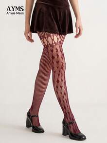1 par de leggings de jacquard con estilo punk Y2K, asimétricos y con forma de corazón de color rojo vino, y medias altas caladas góticas, adecuados para fiestas, reuniones y atuendos de subculturas - Multicolor - Ver 4