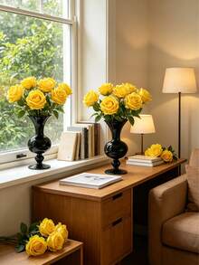 Yellow Artificial Rose Bouquet + Black Fluted Glass Vase, 15pcs Faux Flowers Set For Farmhouse, Modern, Gothic Home Decor, Perfect For Gift & Wedding Party - Multicolor - View 6