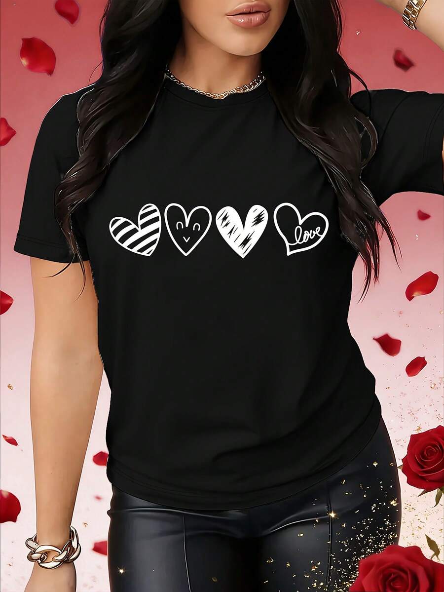 Camiseta casual del día de San Valentín de las mujeres, Corazón patrón impreso tee - elegante, regalo, casual cuello redondo superior - transpirable, ligero y cómodo, perfecto para la primavera y el verano armario