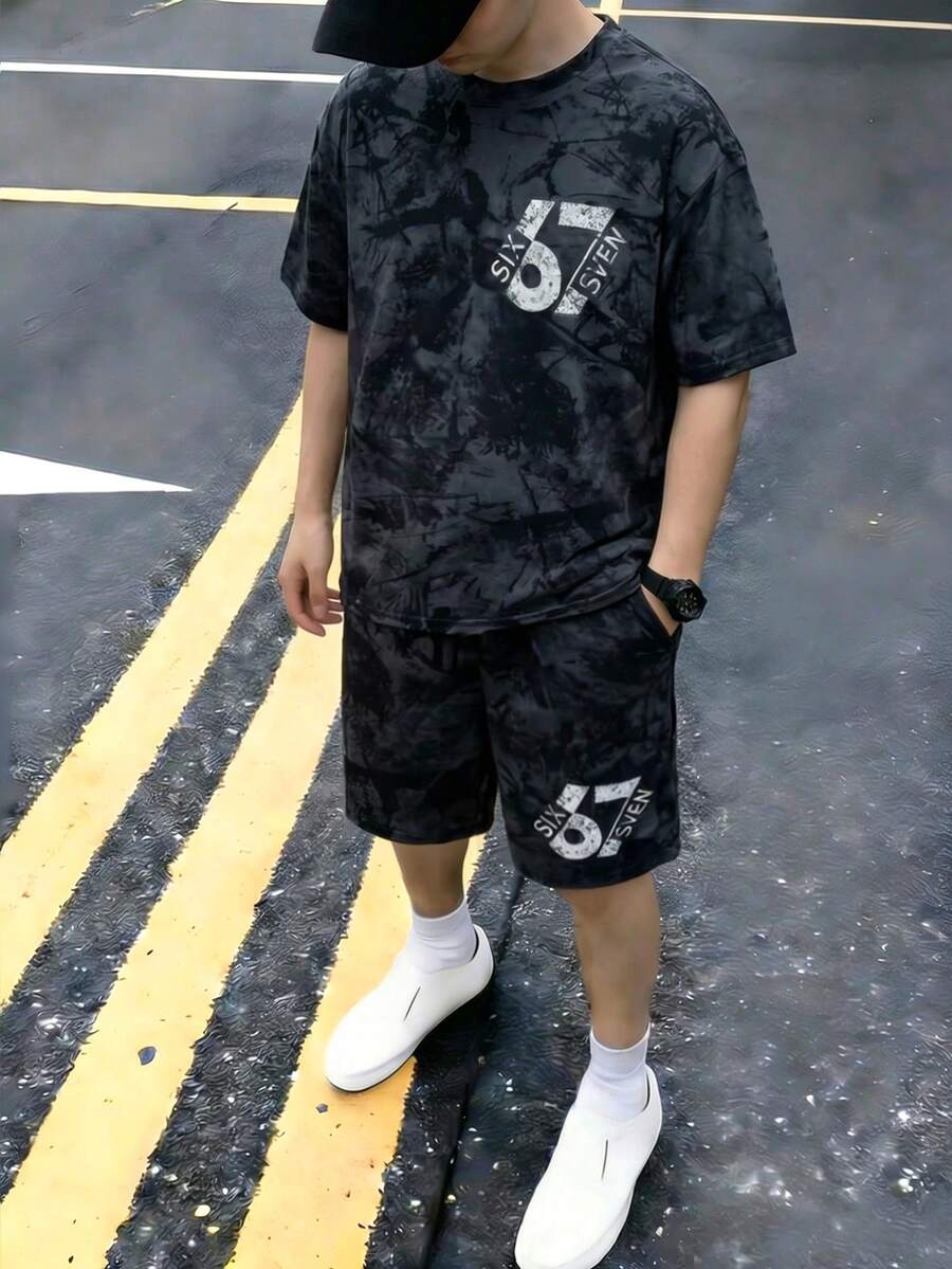 大童春夏短袖T恤短裤两件套,黑灰扎染纹理数字印花T恤搭配同款扎染短裤,复古休闲街头风,适合日常穿着、校园活动、户外休闲。 - 黑色 - 查看 1