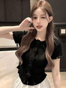 新款春夏法式3D立体花卉圆领短袖针织T恤，女款，不规则荷叶边下摆露脐上衣，黑色 - 黑色 - 查看 3
