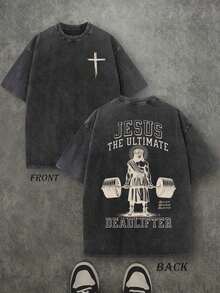 Camiseta Retro Lavada Impresa de Doble Cara (230 Algodón Puro) 'JESUS THE ULTIMATE DEADLIFTER' Impresión de Letras, Regalo Cristiano, Camiseta para Hombre, Camiseta Casual, Cómoda y a la Moda, Estilo Callejero de Algodón - Negro - Ver 1