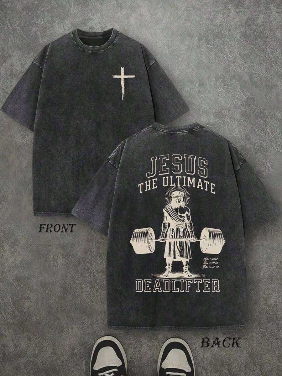 Camiseta Retro Lavada Impresa de Doble Cara (230 Algodón Puro) 'JESUS THE ULTIMATE DEADLIFTER' Impresión de Letras, Regalo Cristiano, Camiseta para Hombre, Camiseta Casual, Cómoda y a la Moda, Estilo Callejero de Algodón - Negro - Ver 1