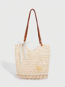 Bolso de hombro de diseño minimalista y exclusivo con diseño hueco, bolso de mano de gran capacidad con decoración clásica y popular de estrella de mar, bolso de sobaco multifuncional y versátil para mujer, adecuado para el uso diario, citas y vacaciones, etc. - Beis - Ver 8