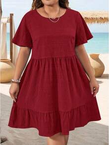 Vestido de Verano para Mujer, Talla Grande, Elegante, Cuello Redondo, Tejido con Parches, Holgado, Manga Corta - Rojo - Ver 6