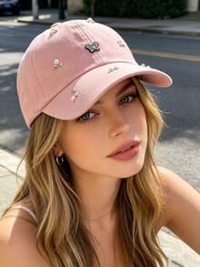 1pc Black Rhinestone Butterfly & Pearl Embroidered Letter Design Adjustable Baseball Cap, Cute & Versatile Sun Hat For Daily Wear, Commute And Outdoor Activities - Baseball Cap - View 4