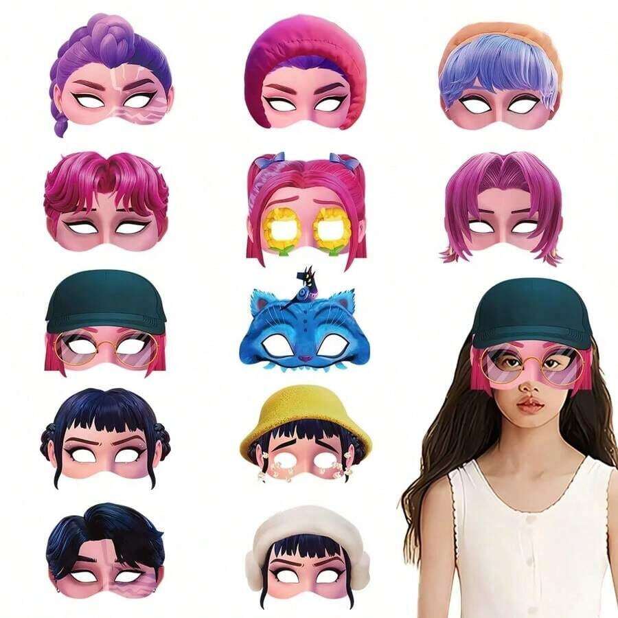 Hasbro 12个装 K-Pop 女团主题派对拍照道具纸面具,卡通人物半脸面具,送给粉丝和朋友的礼物,节日和新年礼物 - 彩色 - 查看 1