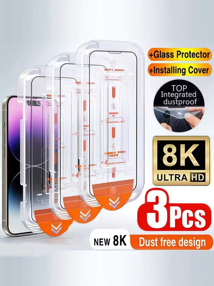 Bộ bảo vệ màn hình bằng kính cường lực chống sốc, chống bụi, tự căn chỉnh 3 miếng, phủ toàn màn hình, tương thích với iPhone 17/17e/16/16e/15/14/13/12/11/17 Pro Max/16 Pro Max/17 Pro/15 Pro/Plus/X/XR/XS Max/Air, phim kính cường lực Ultra HD, độ cứng 9H+, chống trầy xước, chống bám vân tay, tương thích với ốp lưng, quà tặng Ngày của Mẹ. - Trong sáng - Xem 1