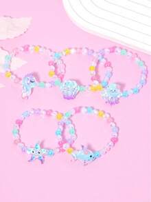 5pcs/Set Cute Ocean Themed Octopus, Shell, Fish, Seahorse, Starfish Pearl Beaded Bracelet Wristband Jewelry Set, Suitable For Holiday Party, School, Birthday Gifts For Girls - Multicolor - View 5