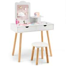 COSTWAY Kids Vanity Set, Pretend Play Makeup Dressing Table & Stool Set With Rectangular Mirror & Drawers, 2-In-1 Detachable Design With Dressing Table & Writing Desk, White - White - View 1