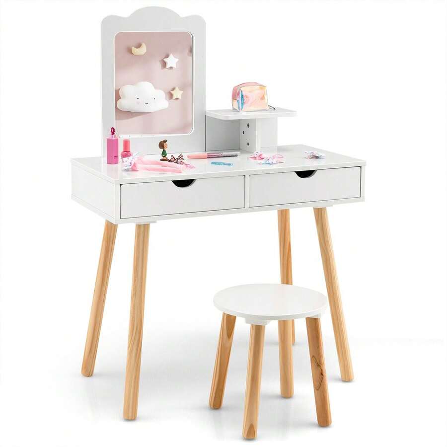COSTWAY Kids Vanity Set, Pretend Play Makeup Dressing Table & Stool Set With Rectangular Mirror & Drawers, 2-In-1 Detachable Design With Dressing Table & Writing Desk, White - White - View 1
