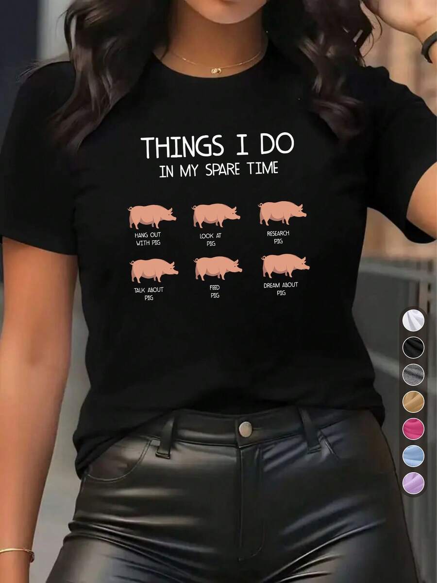Plus Size Women's Summer Clothes - A Loose Fit Pig Pattern T-Shirt I Made In My Free Time, With A Stylish Design, Round Neck, Short Sleeves And A Smart Casual Top Suitable For Parties, Holiday Gifts, Everyday Wear - 黑色 - 查看 1