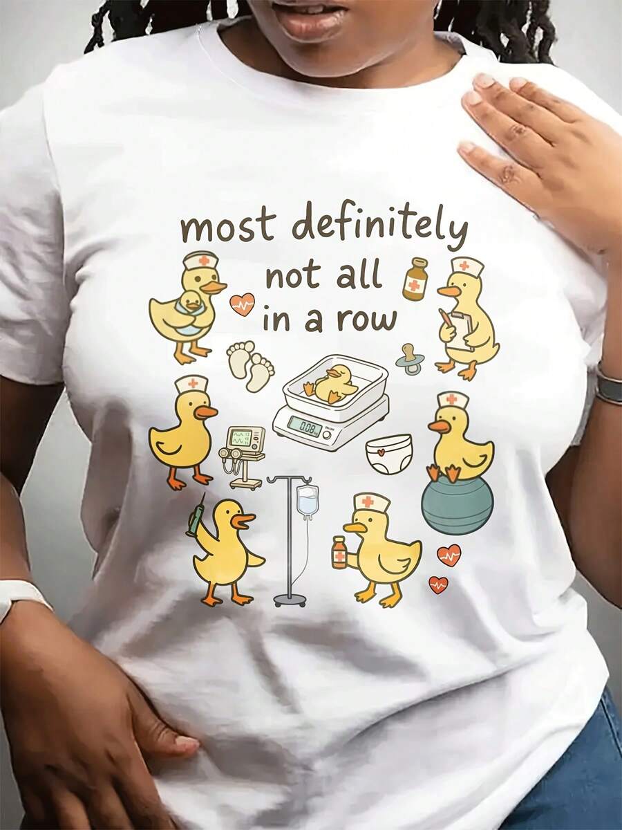 This Women's Casual Crew Neck T-Shirt For Valentine's Day Features A Cute And Adorable Style With A Small Yellow Duck Nurse Pattern. - White - View 1