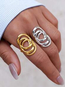 Uself 2pcs/1pc Gold-Plated Stainless Steel Rings For Women, Dual-Tone Overlapping Oval Rings, Stackable Open Rings, Fashion Jewelry Accessories For Women, Suitable For Daily Wear And Party Gifts, Western Jewelry, Women's Brand - Multicolor - View 3