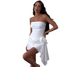 Sexy Strapless White Bodycon Mini Dress, 3D Rose Accent Irregular Flowy Hem Party Dress For Club, Cocktail & Formal Events - White - View 5