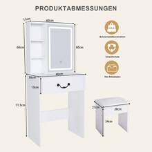 Dressing Table / Modern Mini Dressing Table / Dressing Table With Adjustable Lighting / With Illuminated Mirror And Hidden Storage Space / Including Upholstered Stool / Suitable For Bedrooms And Dressing Rooms - White - View 4