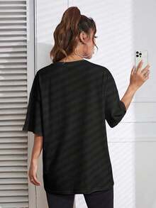 Loose-Fitting Solid-Color T-Shirt With Round Neck And Dropped Shoulders - Black - View 5