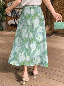 Falda midi de verano con estampado floral, estilo bohemio, ideal para fiestas y vacaciones - Verde - Ver 5
