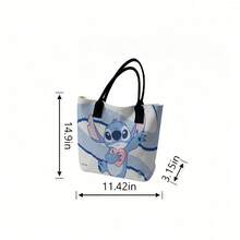 Miniso 迪士尼史迪奇手捧爱心帆布手提包，蓝色笔触印花单肩包，日常使用 - 黑色 - 查看 6