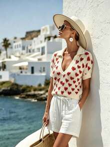 Fashionable Elegant Heart Pattern Collared V-Neck Short Sleeve Fitted Knit Top, Suitable For Spring/Summer Casual, Commute, Vacation - Apricot - View 2