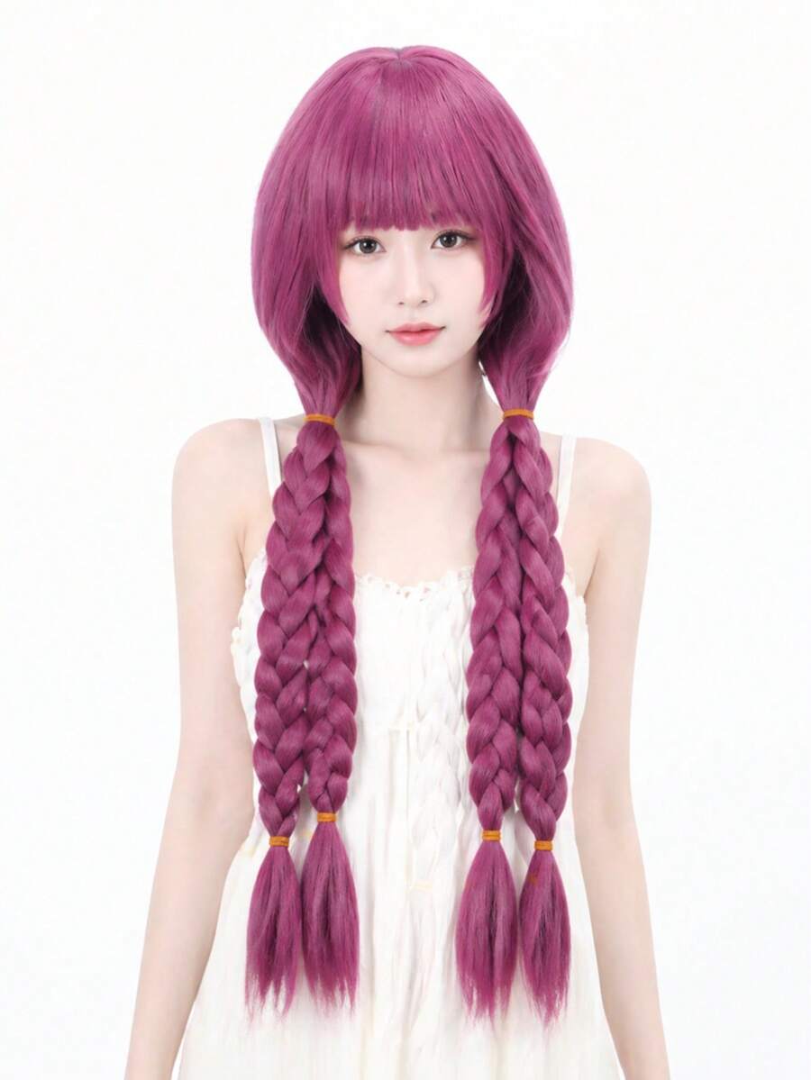 Tóc giả cosplay nữ dài 30 inch, có mái và bím tóc, thiết kế da đầu chân thực, được làm từ chất liệu lụa chịu nhiệt cao, lưới hoa hồng, phù hợp cho sử dụng hàng ngày, các ngày lễ và tiệc tùng. - Màu tím - Xem 1