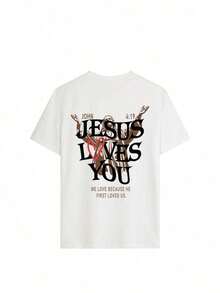 ropa de mujer Camiseta de manga corta con cuello redondo y estampado de letras "Jesus Loves You", estilo casual, adecuada para uso diario, color blanco de verano, camisas de mujer - Blanco - Ver 4