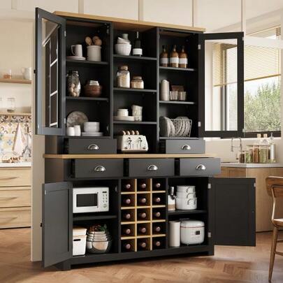 Multi-Purpose Tall Cabinet For Home Use With Anti-Tip Protection, Freestanding Cabinet For Kitchen And Living Room With Glass Door, Metal Handles And Soft-Close Function, Removable Wine Rack, Black