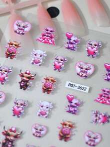 1pc Cartoon Mini Cow Nail Stickers, Pink Heart Shaped Nail Decals, Self-Adhesive One-Time Embossed Nail Art Decoration, Cute Style Suitable For Women Manicure, Foot Care, Holiday Decoration - Multicolor - View 3